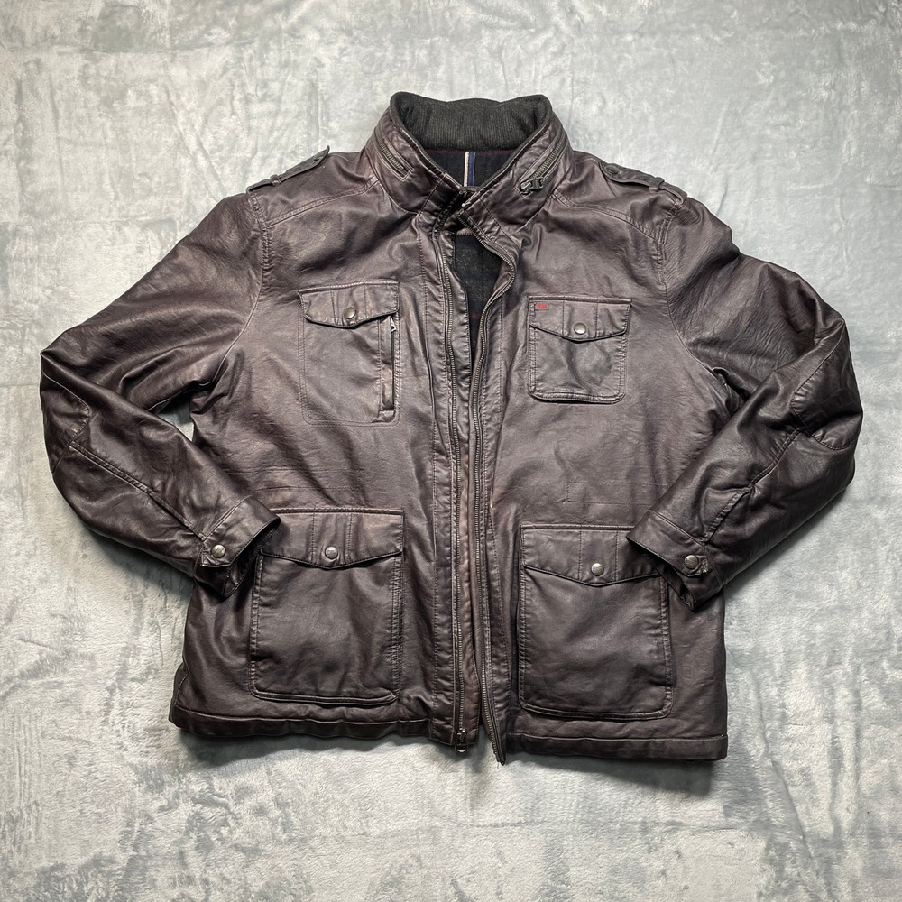 Levi's Mens Faux Leather Lined Hooded Bomber Jacket Coat Dark Brown Size XL READ